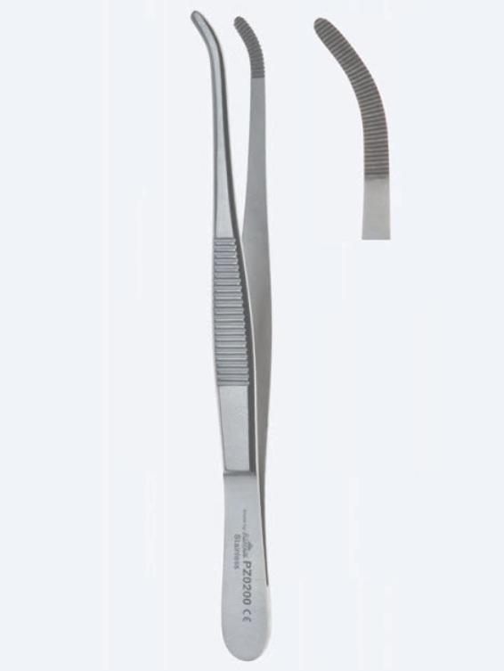 Пінцети, хірургічні, дисекційні, середні, вигнуті, кінчик 2,8 мм, загальна довжина 200 мм, 8". Бренд - Asanus Medizintechnik Gmb, Німеччина